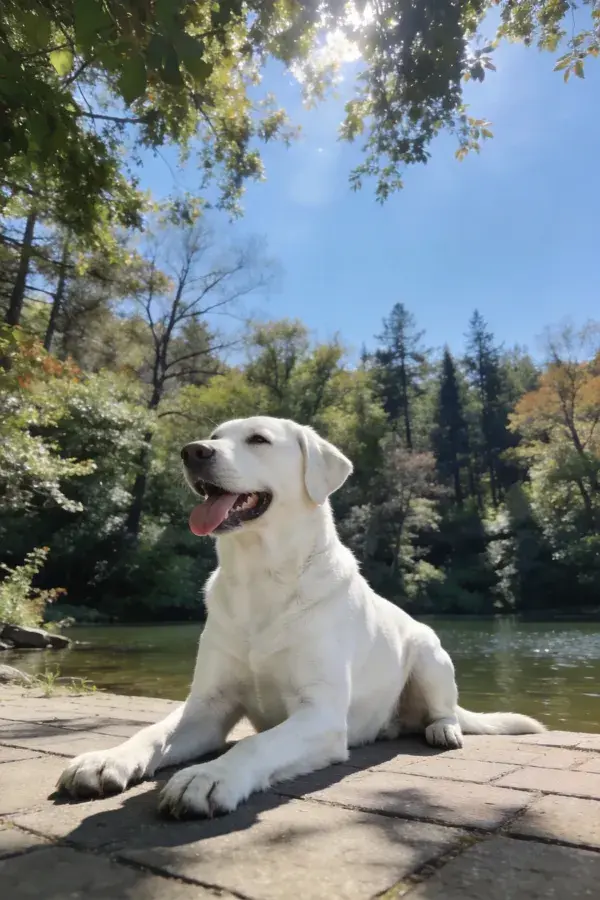 林边石径上的白色拉布拉多犬