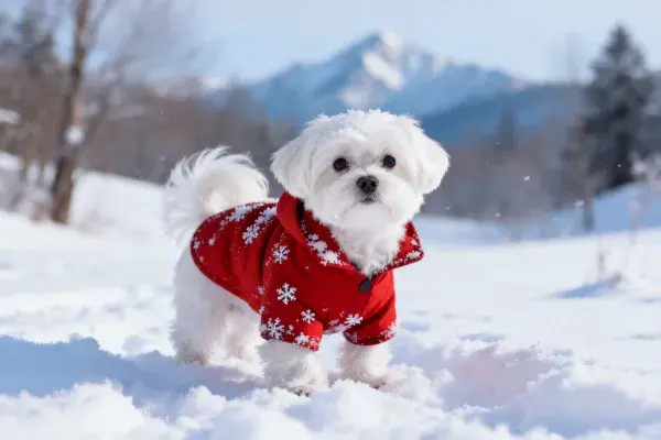 马尔济斯犬雪地站立瞬间