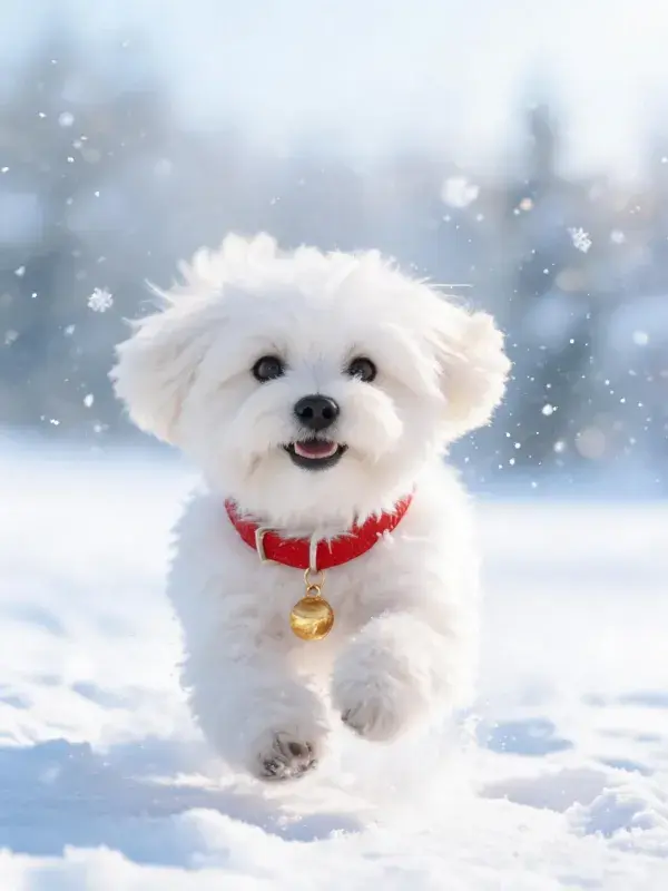 雪地中奔跑的白色马尔济斯犬