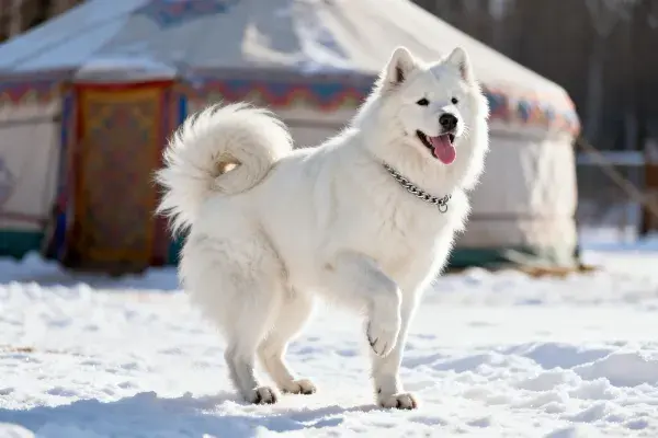 雪地中摆动的萨摩耶犬