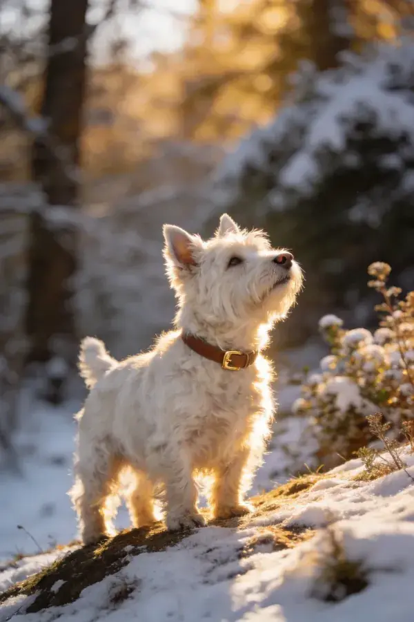 西高地白梗犬于雪地山林中凝望