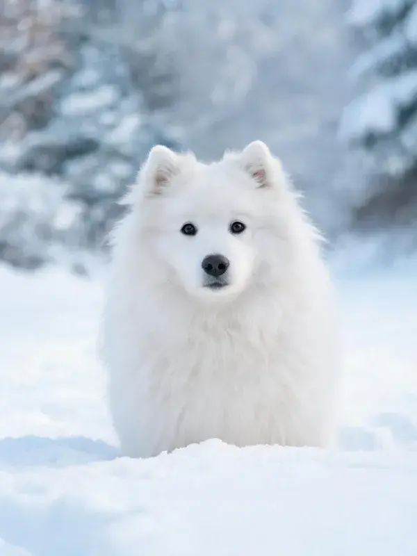 雪地中萨摩耶犬的特写