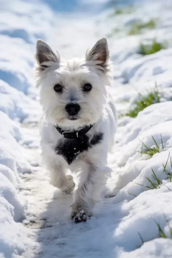 雪地小径上的西高地白梗犬