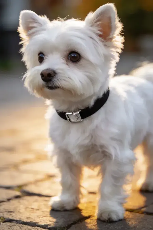 西高地白梗犬站立于石板路面场景