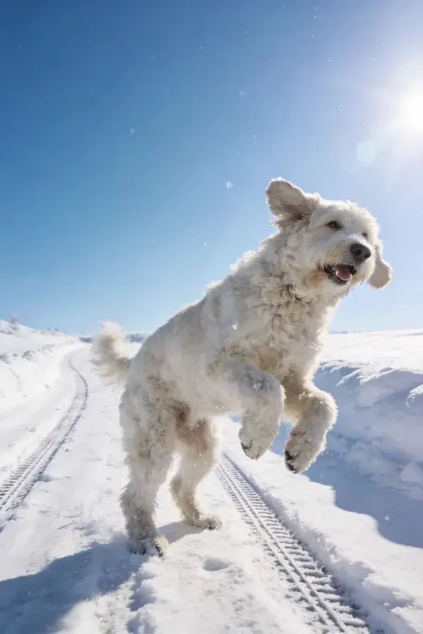 卷毛贵宾犬雪地跳跃瞬间