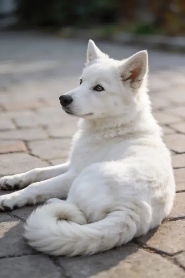 石板路上休息的白色萨摩耶犬
