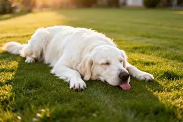 金毛寻回犬在草坪休息场景