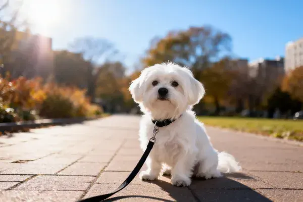 阳光步道上的白色马尔济斯犬坐姿照片