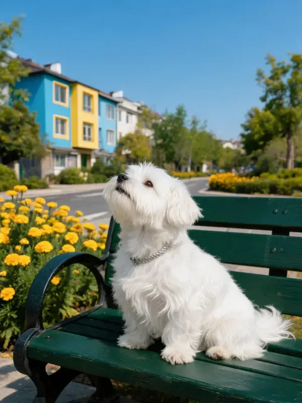 马尔济斯犬坐在公园长椅上