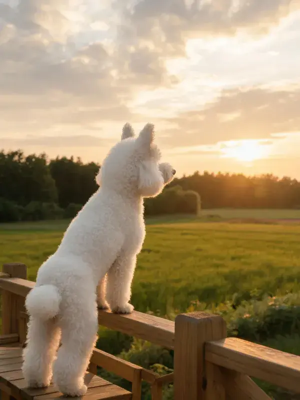 夕阳下木桥栏杆上的比熊犬特写