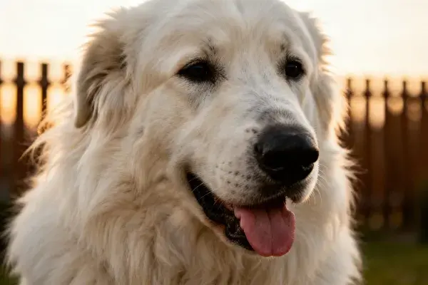 户外木栅栏前的白色大白熊犬