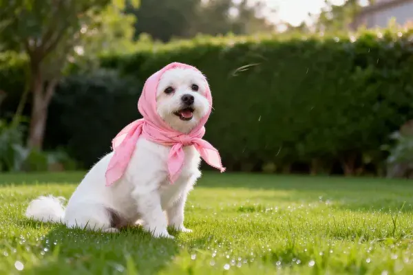 马尔济斯犬戴粉色头巾坐草地上特写