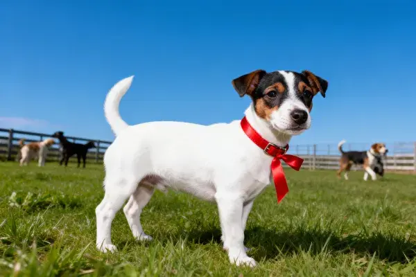 阳光草地上的杰克罗素梗幼犬