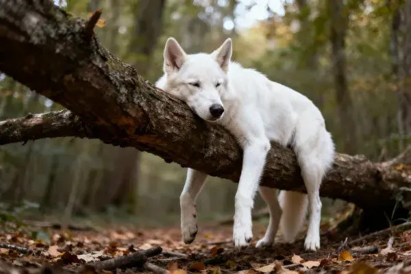 森林中白瑞士牧羊犬栖息场景
