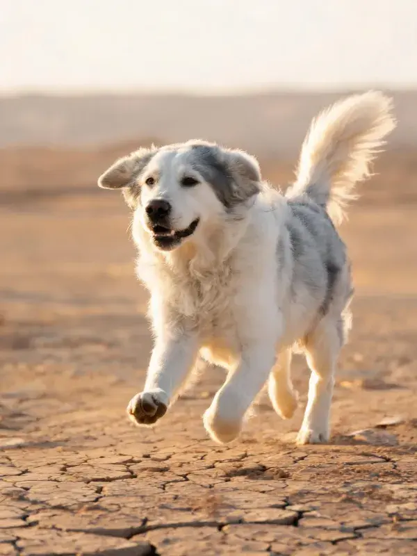 干燥土地上的大型混血犬奔跑场景