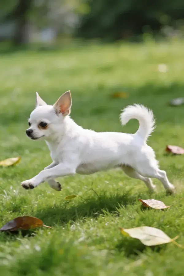 吉娃娃犬在草地上奔跑的场景