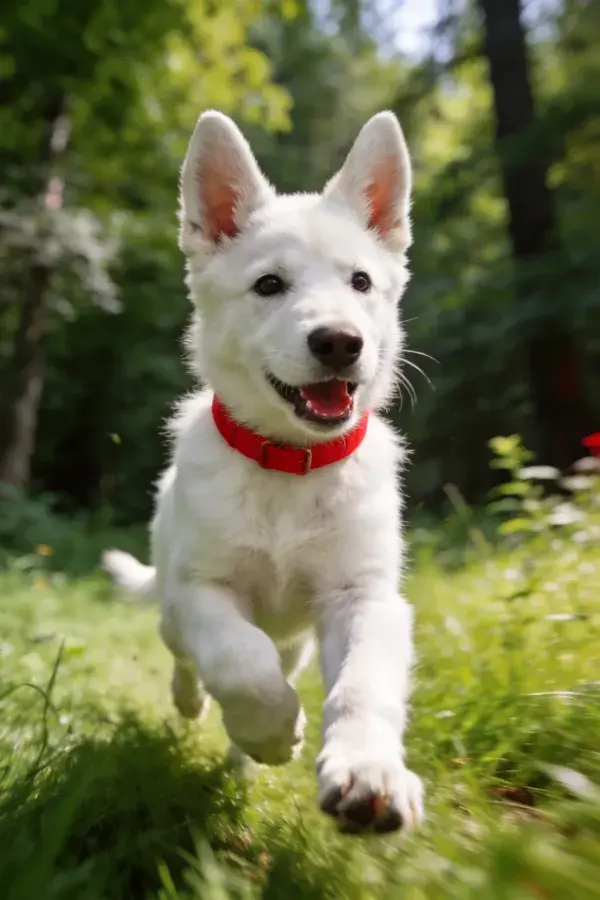 森林草地上的白瑞士牧羊犬幼犬