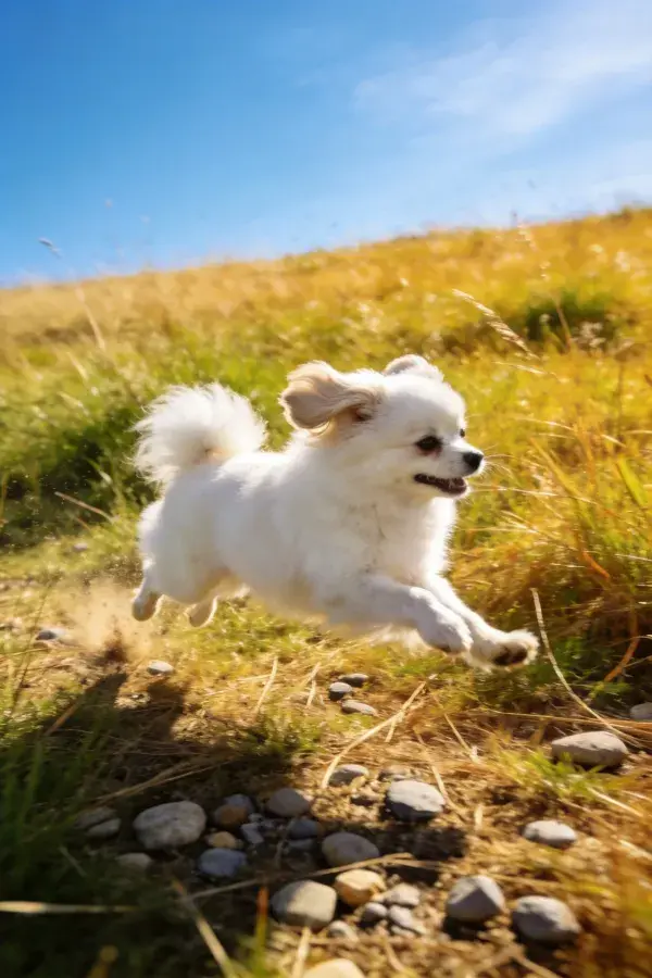 阳光草地上的白色博美犬奔跑场景