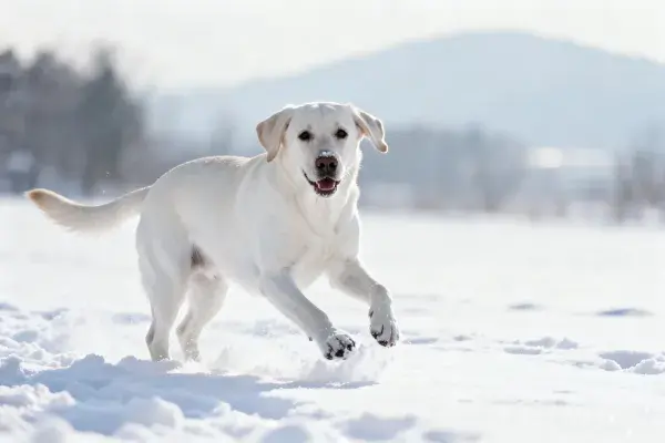 雪地中奔跑的白色拉布拉多犬