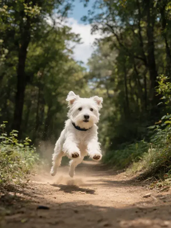 森林小径上的西高地白梗犬奔跑场景