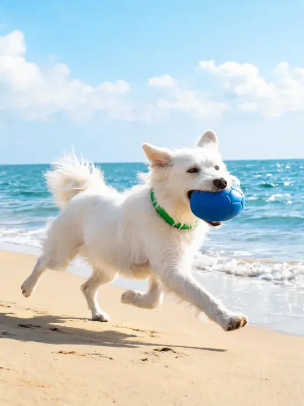 沙滩上白色日本尖嘴犬叼球奔跑特写