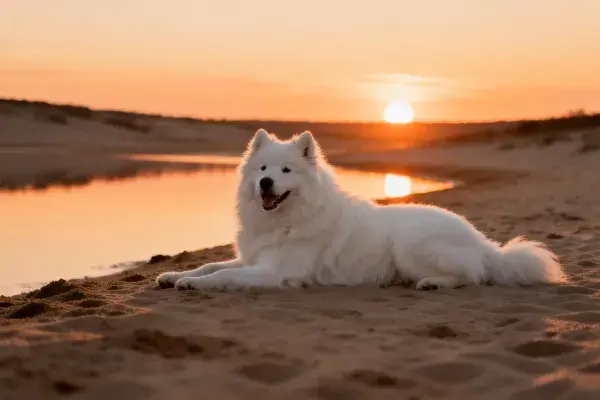 沙滩夕阳下白色萨摩耶犬的休憩场景