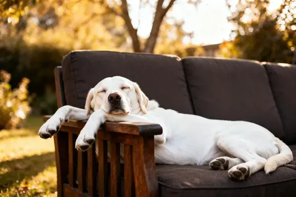 拉布拉多犬在户外休闲座椅上休息的场景