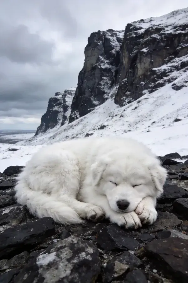 大白熊犬于雪山岩石处休憩