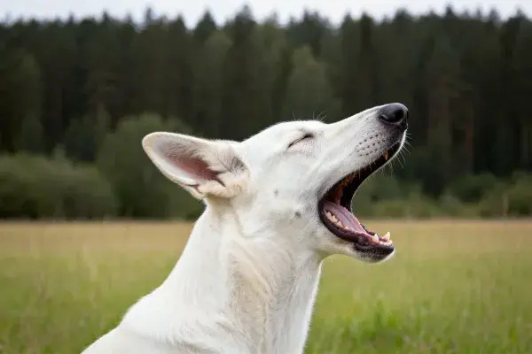 野外草地中白瑞士牧羊犬张嘴瞬间