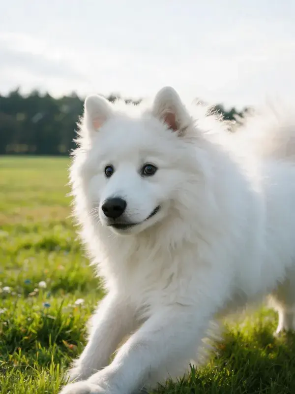 阳光草地上的萨摩耶犬特写