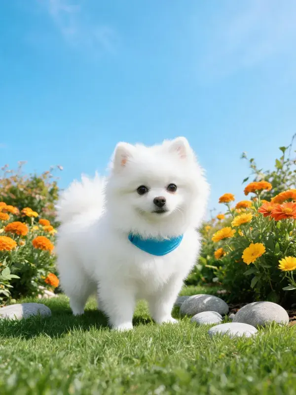博美犬在花草间的特写场景