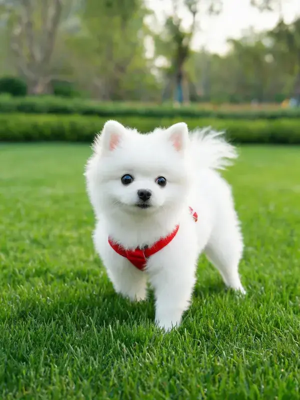 草坪上白色博美犬的特写