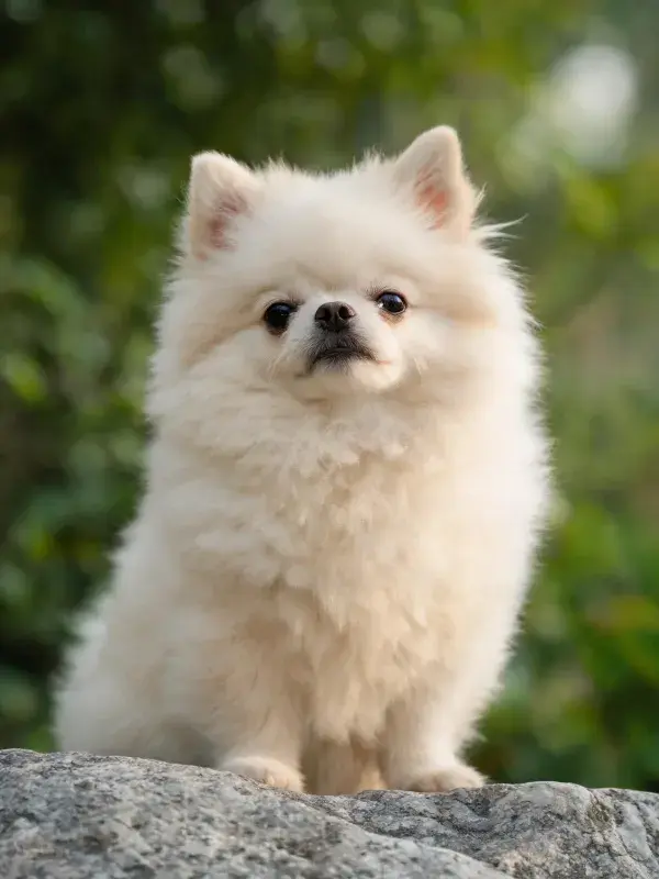 阳光下岩石上的白色博美犬特写