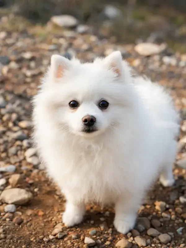 石板路上白色博美犬特写