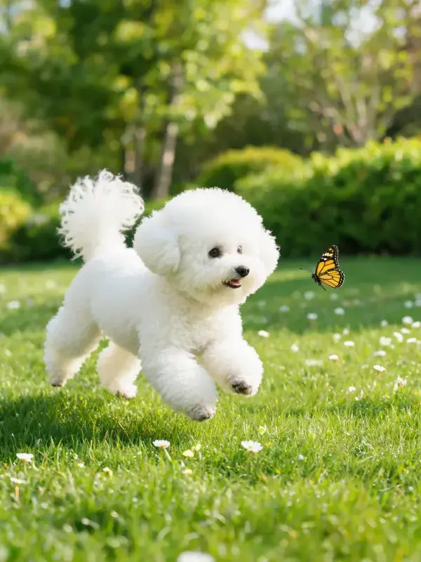 草坪上比熊犬追逐蝴蝶场景