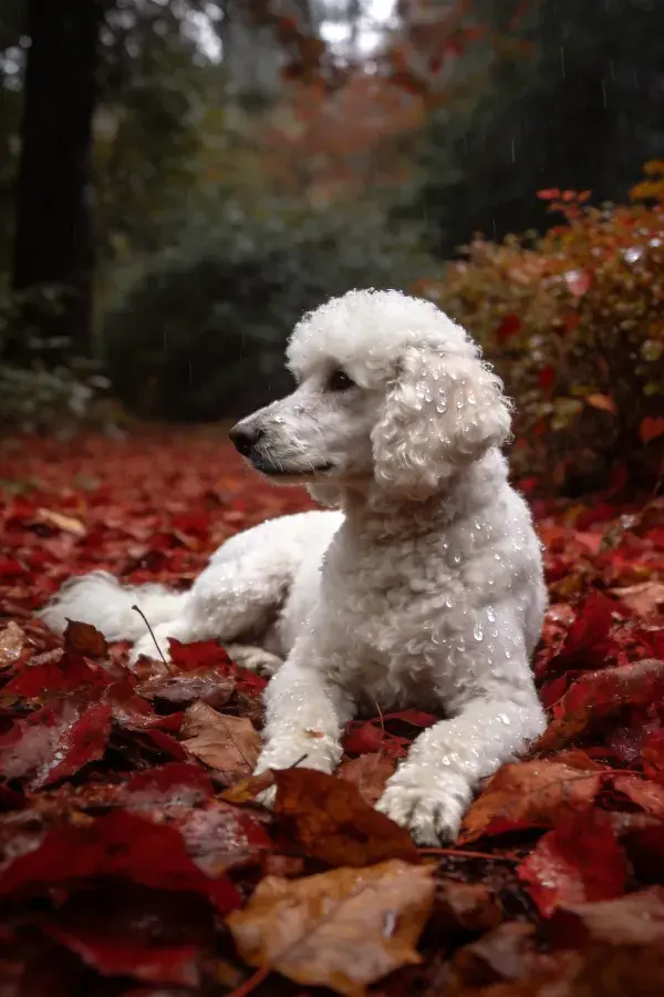 雨中秋叶间的贵宾犬休憩场景
