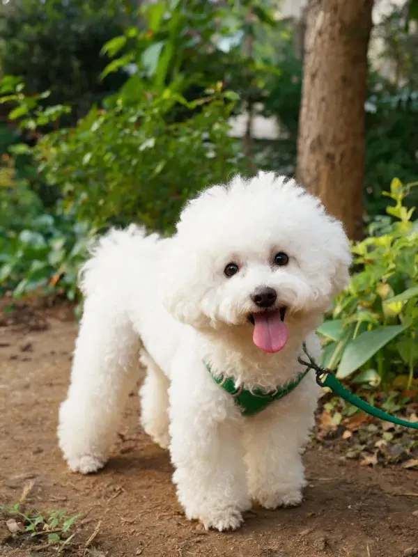 花园中白色比熊犬站立特写
