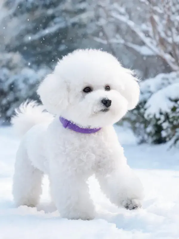 雪地中站立的白色西施犬