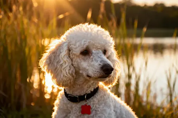 贵宾犬在夕阳下的湿地边