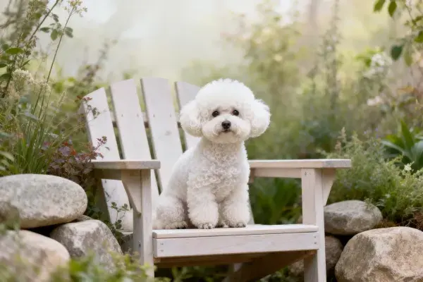 比熊犬坐在花园木椅上