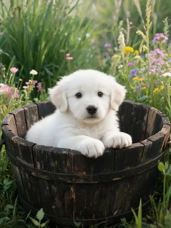 田园花草间木桶中的金毛幼犬