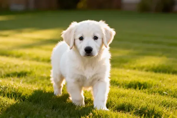 金毛幼犬在阳光草地漫步
