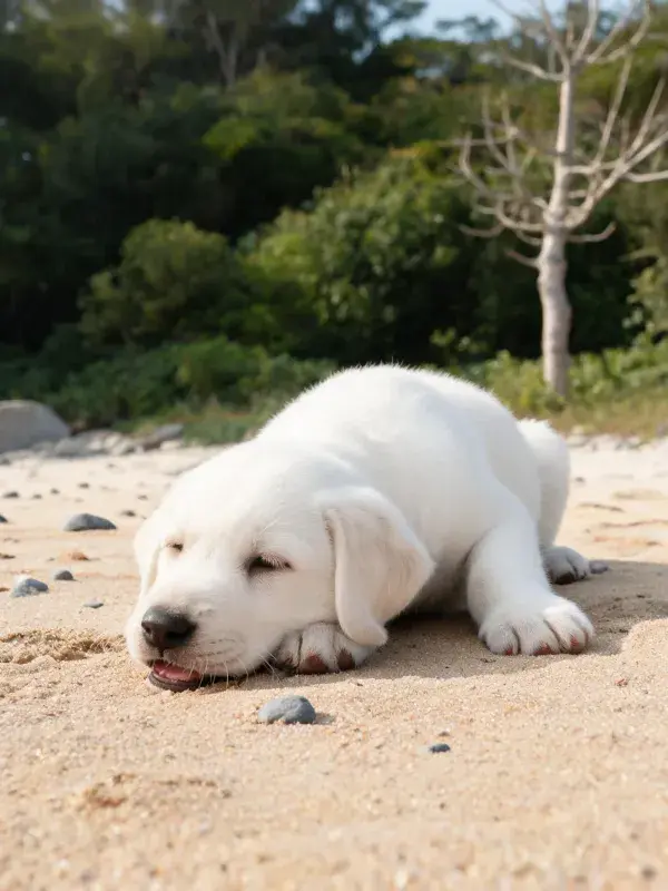 沙滩上休息的白色拉布拉多幼犬