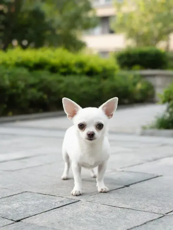 户外砖石地面上的吉娃娃犬特写