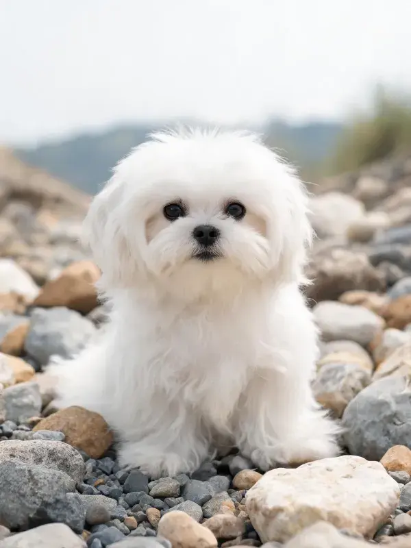 马尔济斯犬在碎石地面上的特写