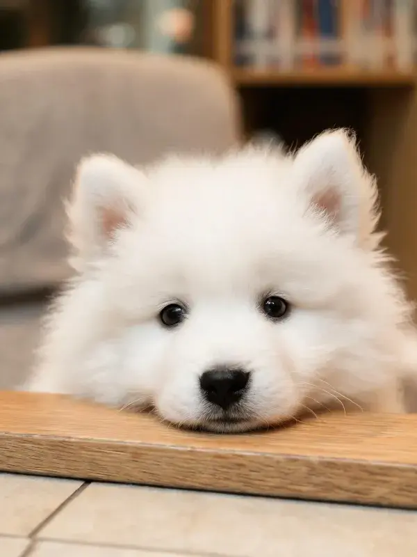 萨摩耶幼犬趴在木质桌面的特写