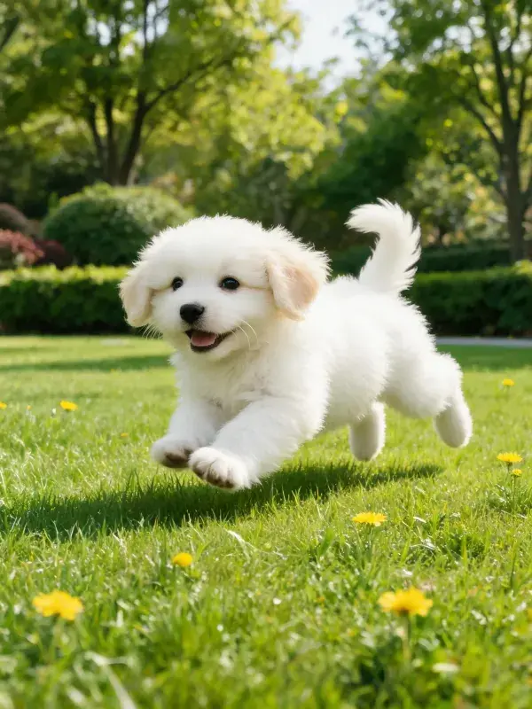 阳光草坪上的比熊幼犬奔跑场景