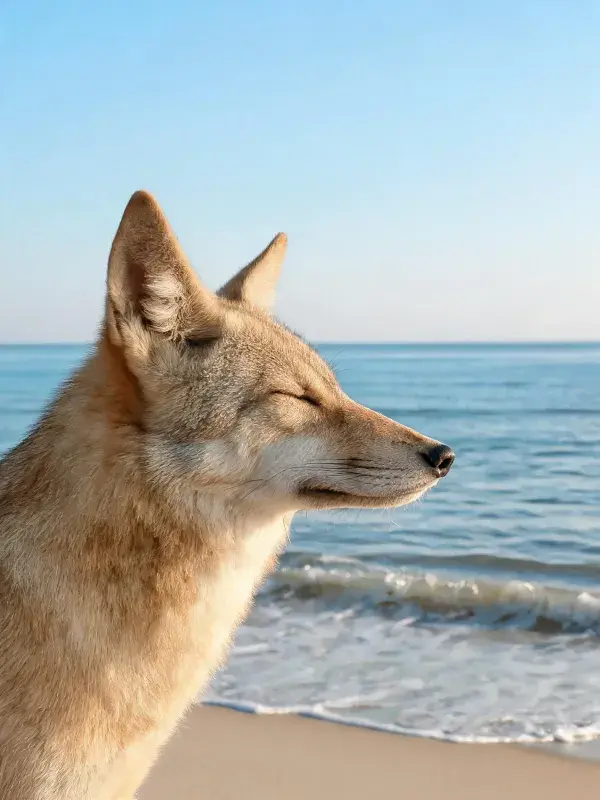 海滩沙滩上的郊狼侧视