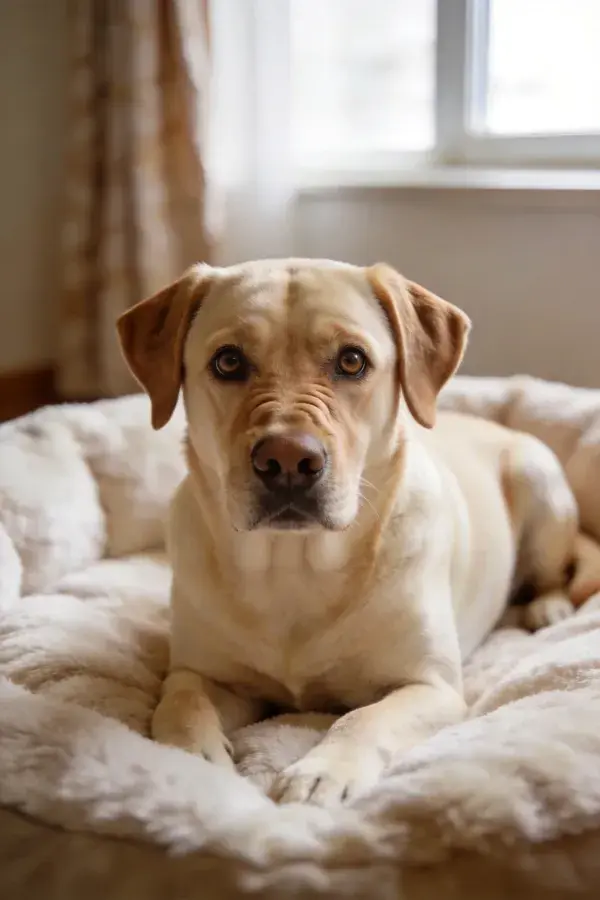 室内窗边柔软垫子上的黄色拉布拉多犬