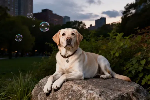 黄色拉布拉多猎犬岩石上休息场景